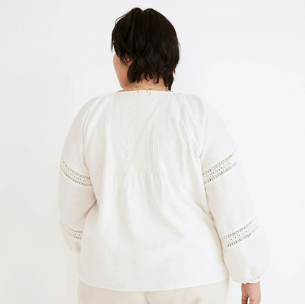 Madewell Plus Linen-Blend Pintuck Peasant Top NWT - Picture 2 of 5